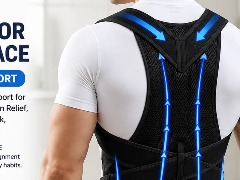 AI-generated illustration of a structured full-back posture support brace