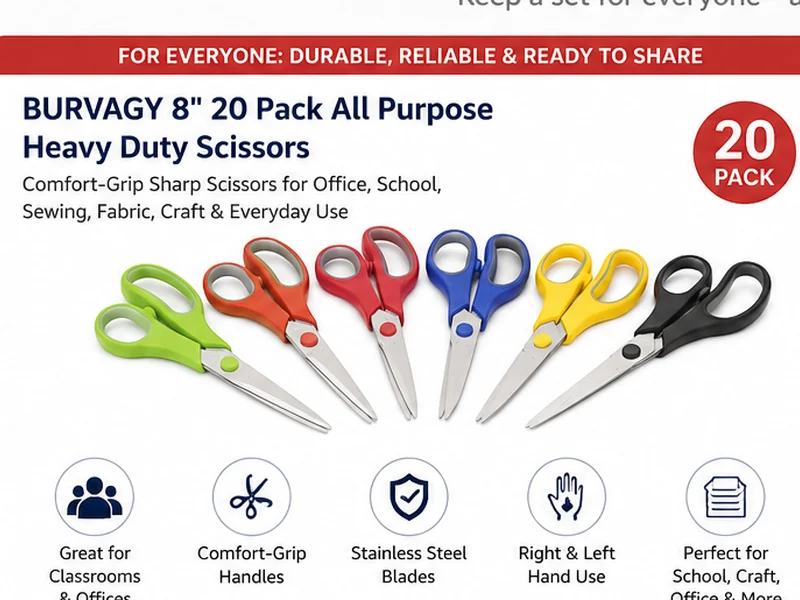 AI-generated illustration of a bulk case of colorful office scissors