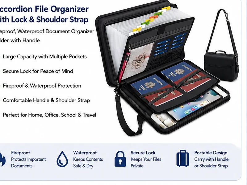 AI-generated illustration of a travel folder organizer with shoulder strap and internal file compartments